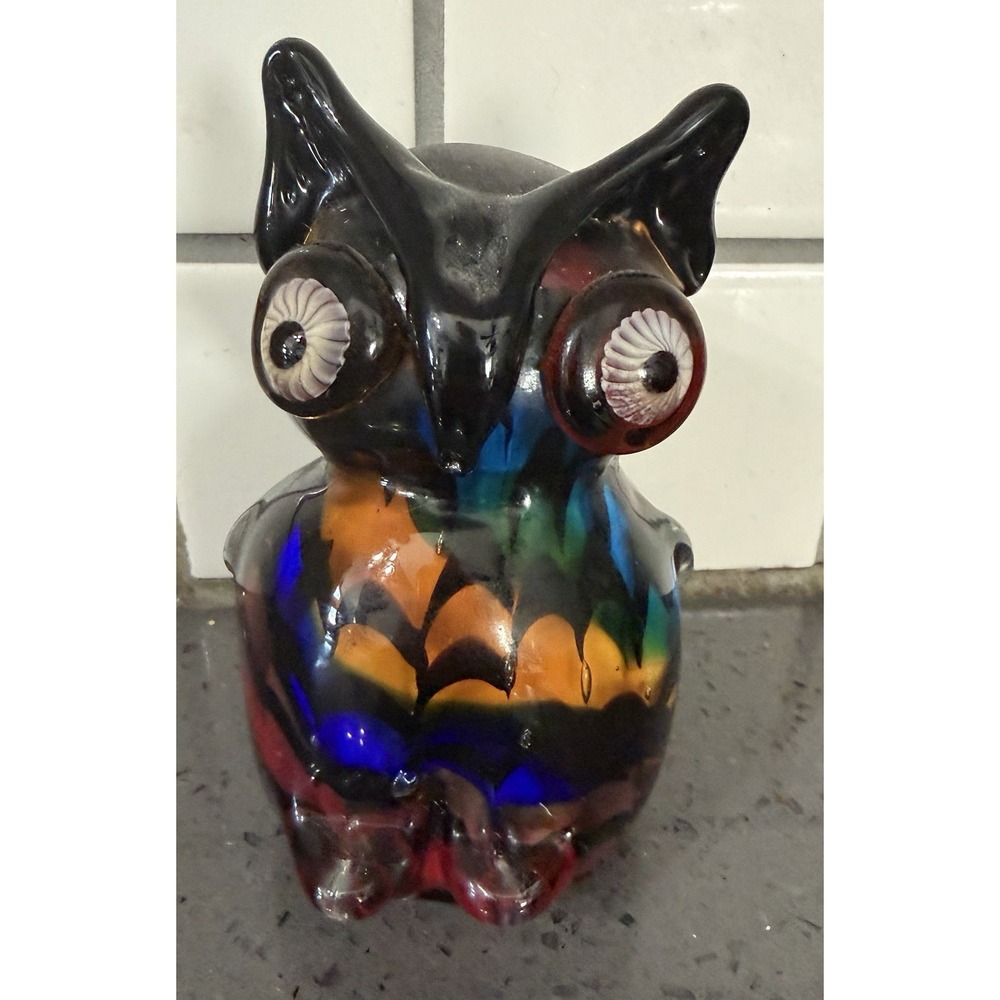 Dale Tiffany Art Glass Colorful Owl Figurine Figure Multicolor Hand Blown Glass